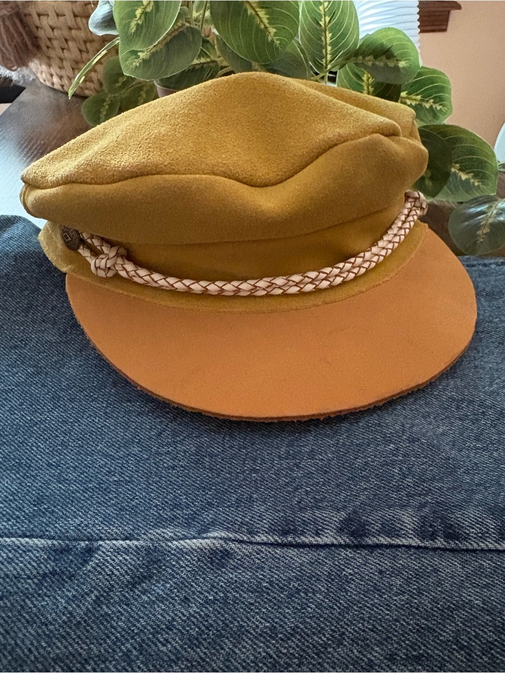 Brixton Leather Mustard Yellow Cap with Tan Brim and Braided Accent